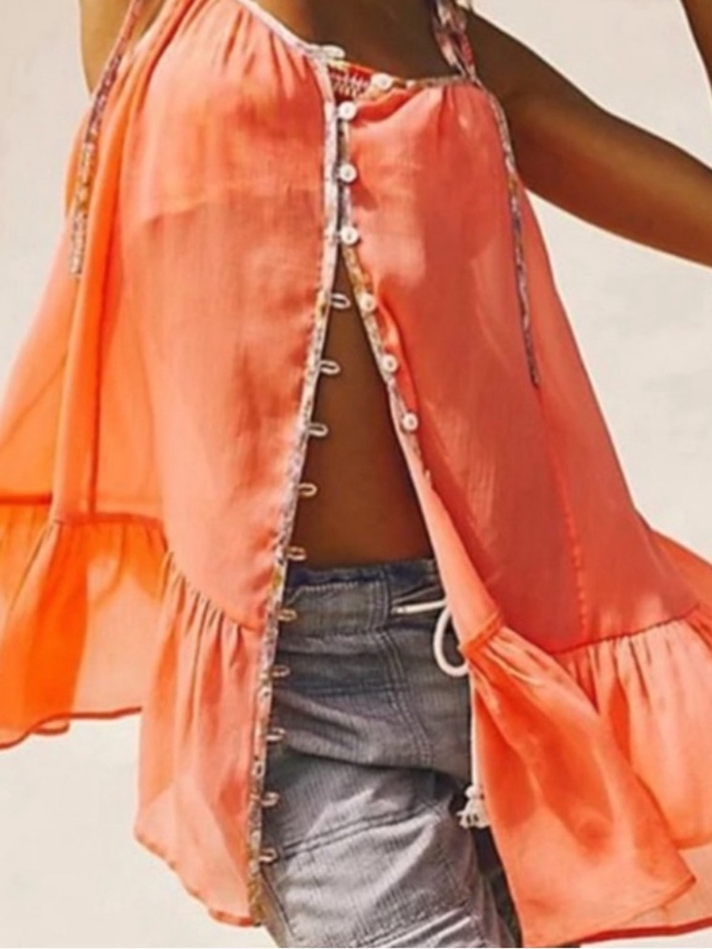 Free People Coral Button-Front Ruffle Camisole